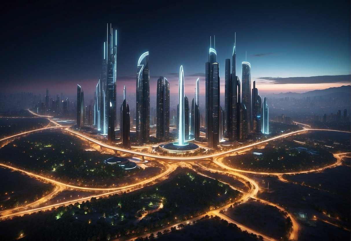 Een futuristisch stadsbeeld met gloeiende wolkenkrabbers, geavanceerde technologie en bruisende activiteit, allemaal aangedreven door de energie van Raydium radium solana