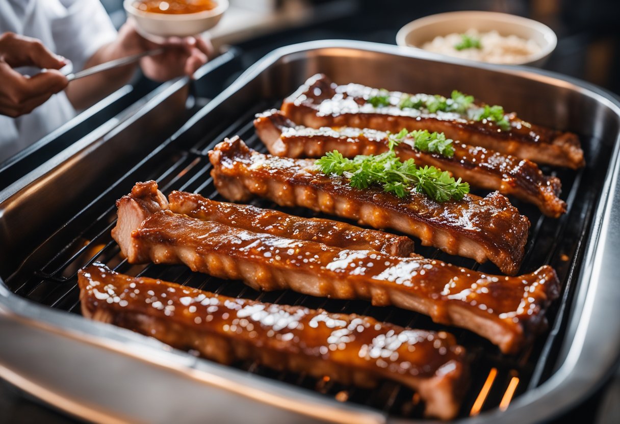 Pork ribs are being glazed and basted in a Chinese marinade before being placed in the oven