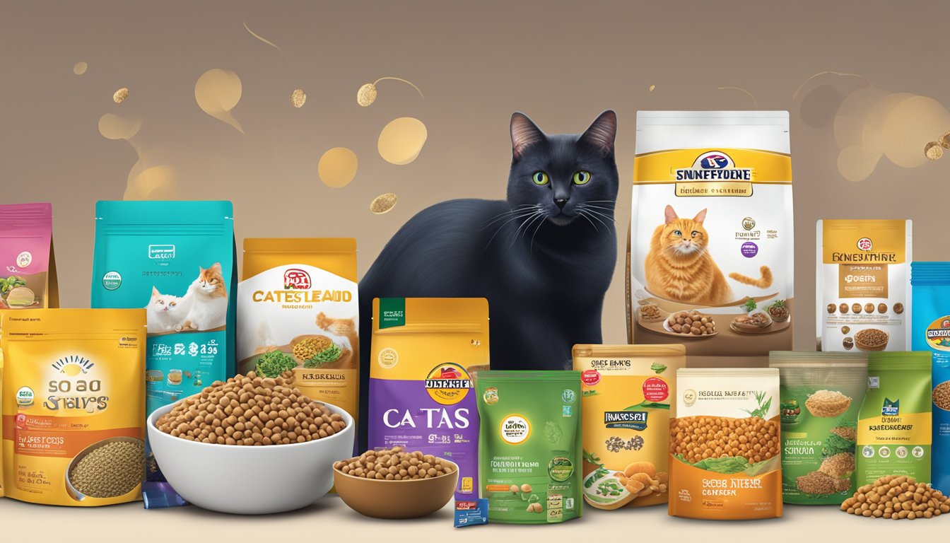 Various top brands of cat food products displayed online with a Singaporean backdrop