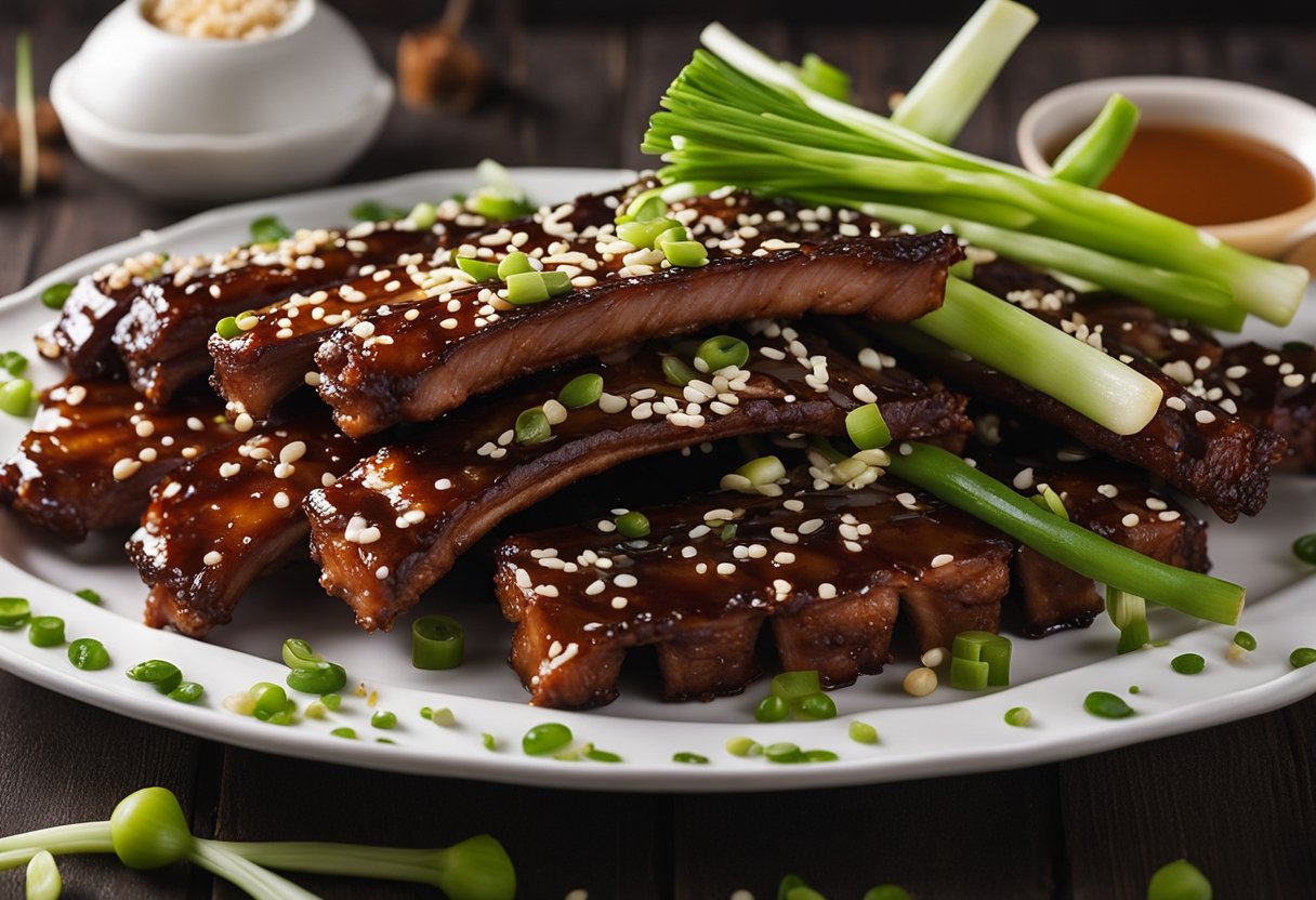 Chinese pork ribs are arranged on a white platter, garnished with spring onions and sesame seeds. The oven-baked ribs glisten with a sticky, caramelized glaze, enticing the viewer with their savory aroma