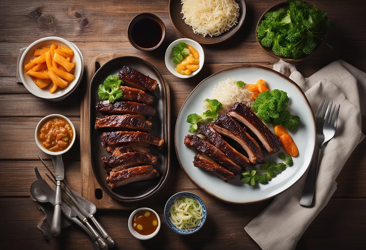 A plate of succulent Chinese pork ribs sits on a wooden table, surrounded by various cooking utensils and ingredients. The oven door is open, revealing the ribs roasting to perfection