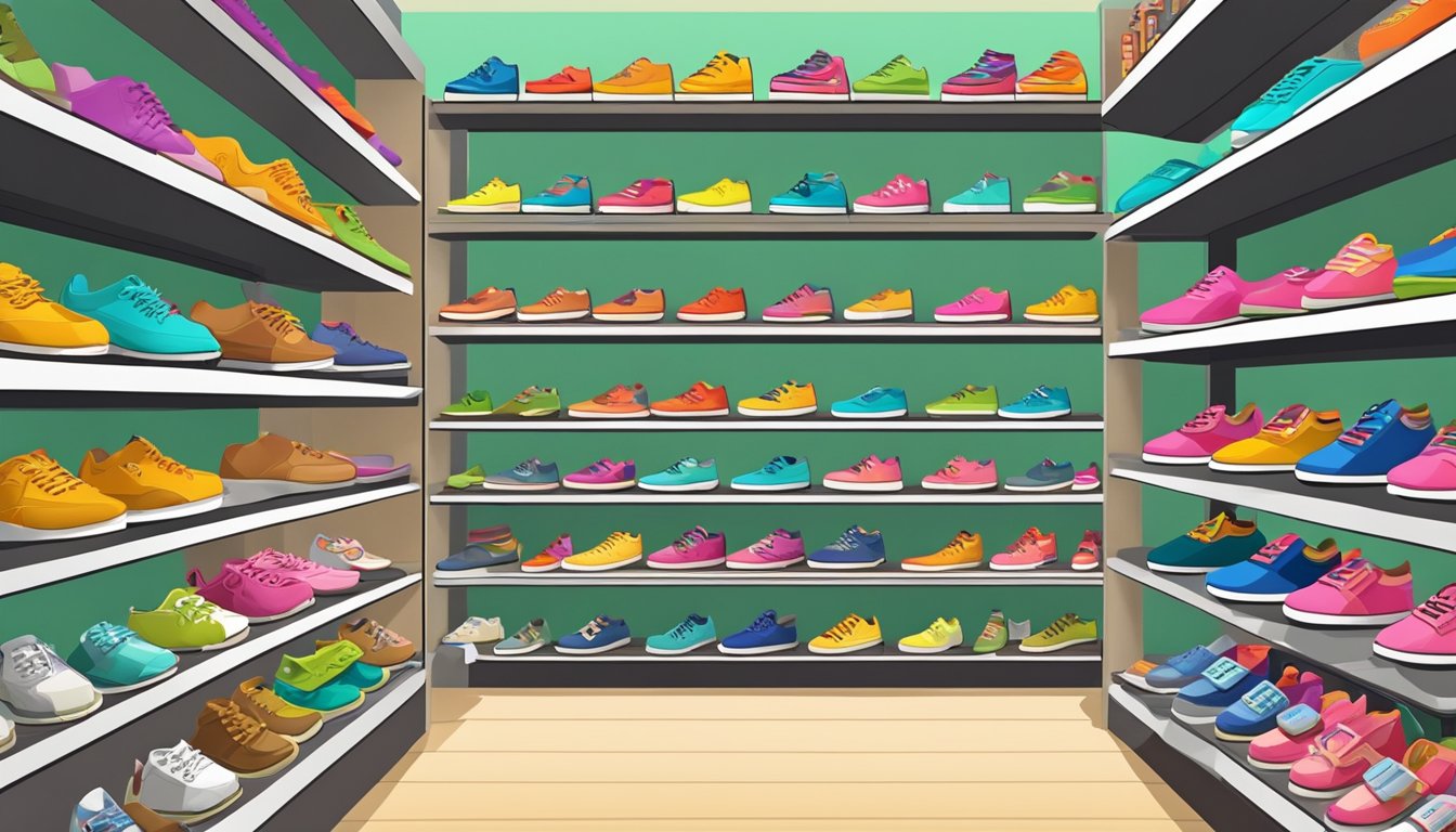 A colorful display of children's shoes in a bright and inviting store in Singapore. Shelves neatly organized with a variety of sizes and styles