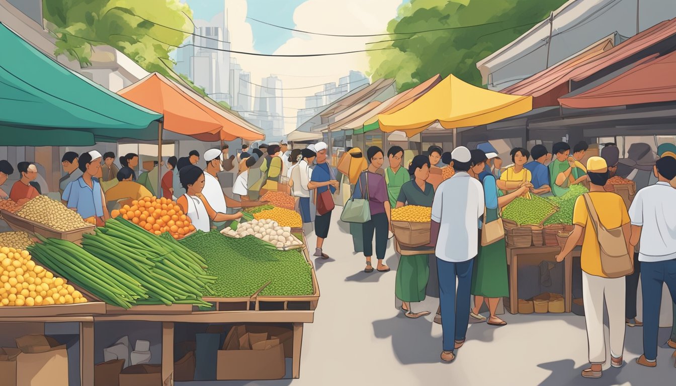 A bustling market stall in Singapore displays fresh fenugreek for sale. Brightly colored signs and a crowd of shoppers create a lively atmosphere
