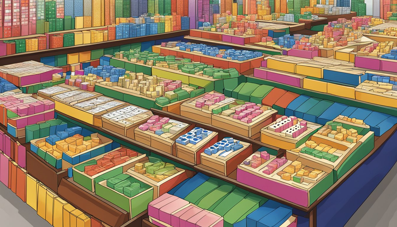 A vibrant Singapore market stall displays Rummikub game sets