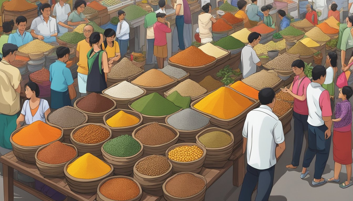 A bustling market in Singapore, with vibrant stalls showcasing aromatic bags of fenugreek seeds and powder. Customers eagerly inspect the spice, surrounded by the colorful array of other exotic ingredients