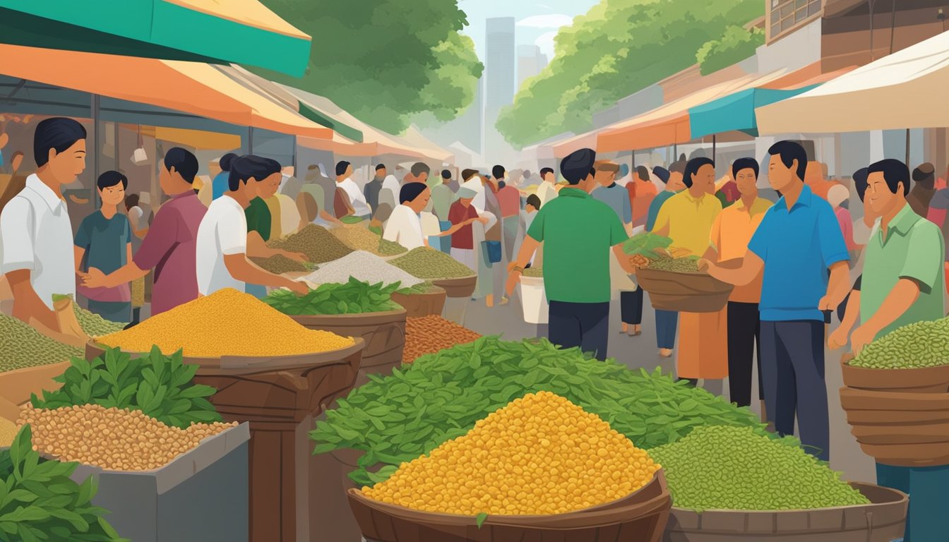 A bustling spice market in Singapore, with vendors displaying fresh fenugreek seeds and leaves in vibrant piles, while customers eagerly sample and purchase the herb for its numerous health benefits