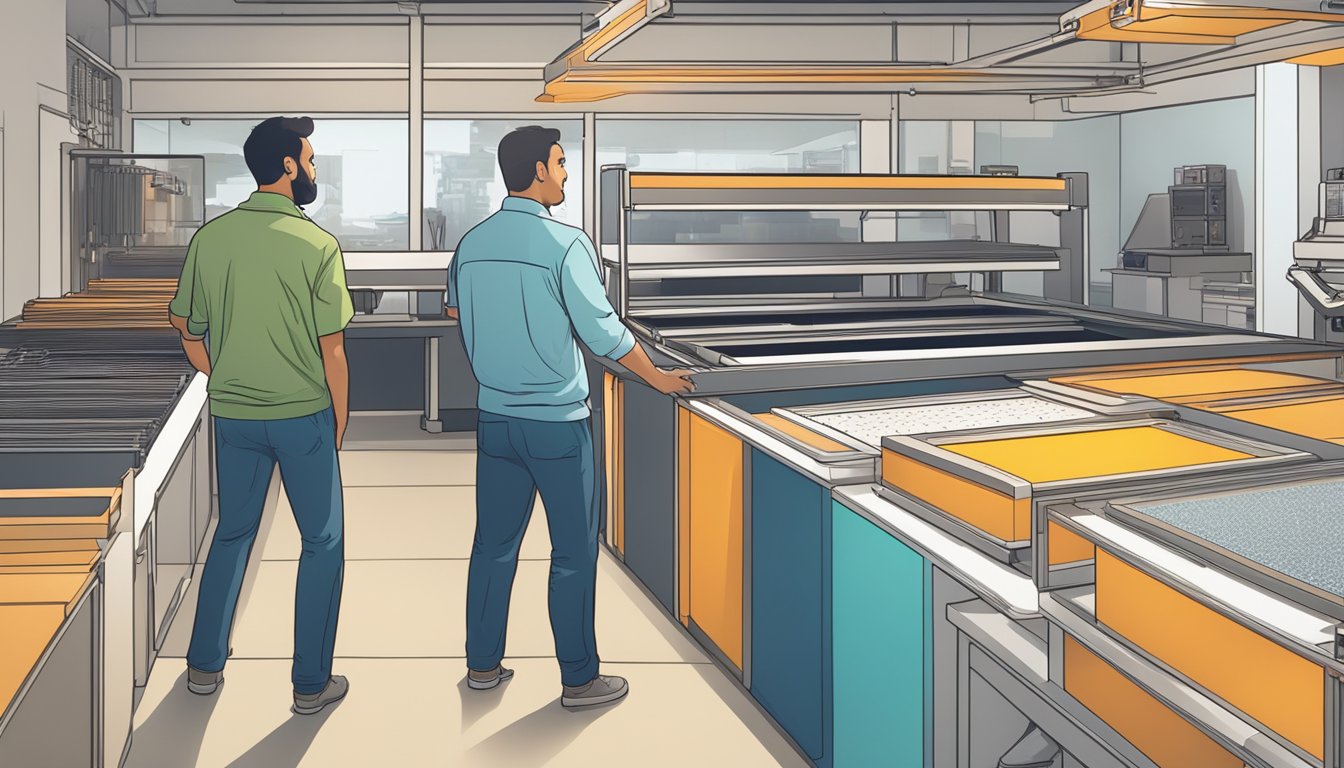 A customer browsing laser cutter options in a well-lit store, with a salesperson nearby answering questions