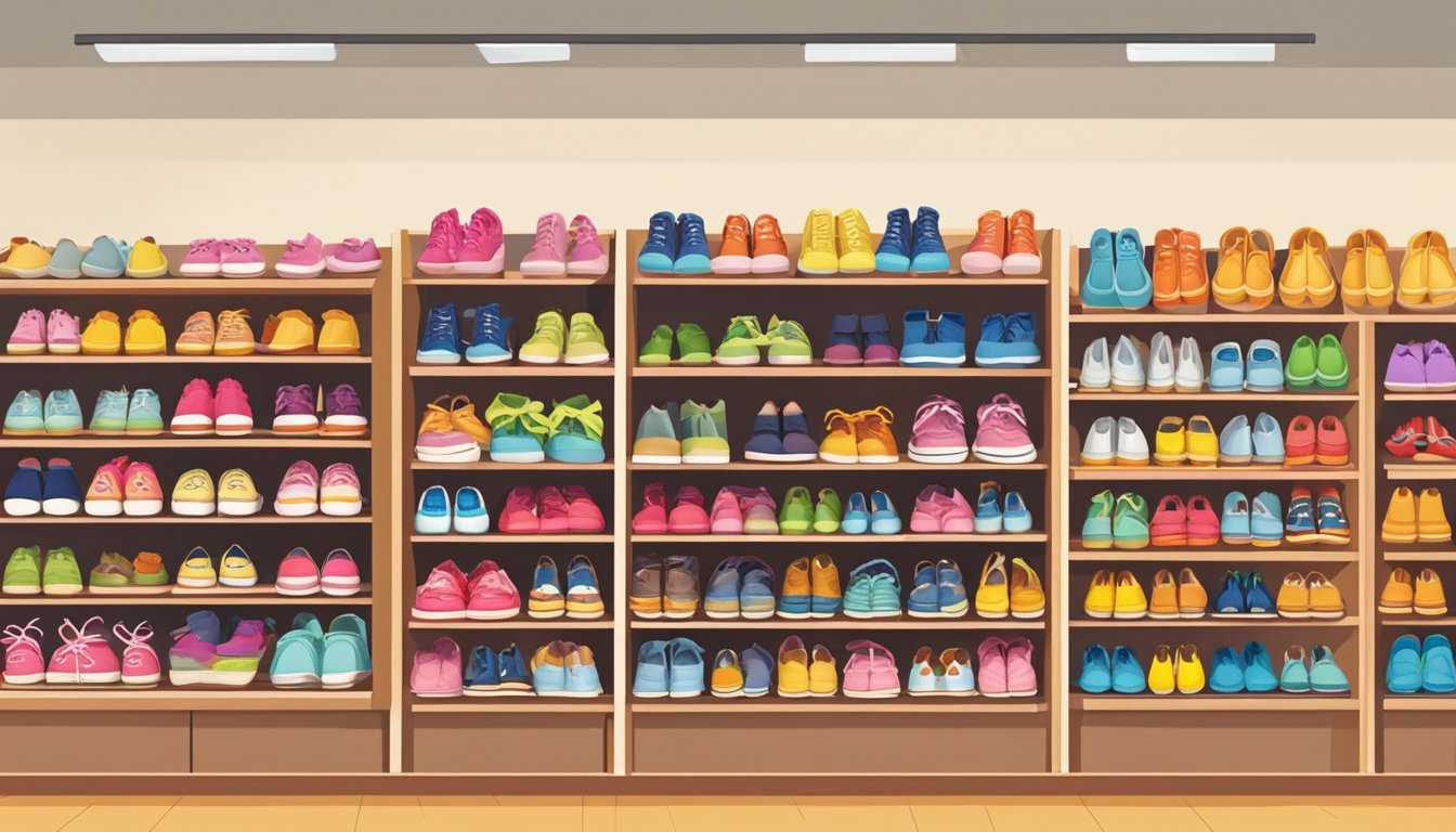 A colorful display of children's shoes in a bright and welcoming store in Singapore, with shelves neatly organized and a variety of sizes and styles available