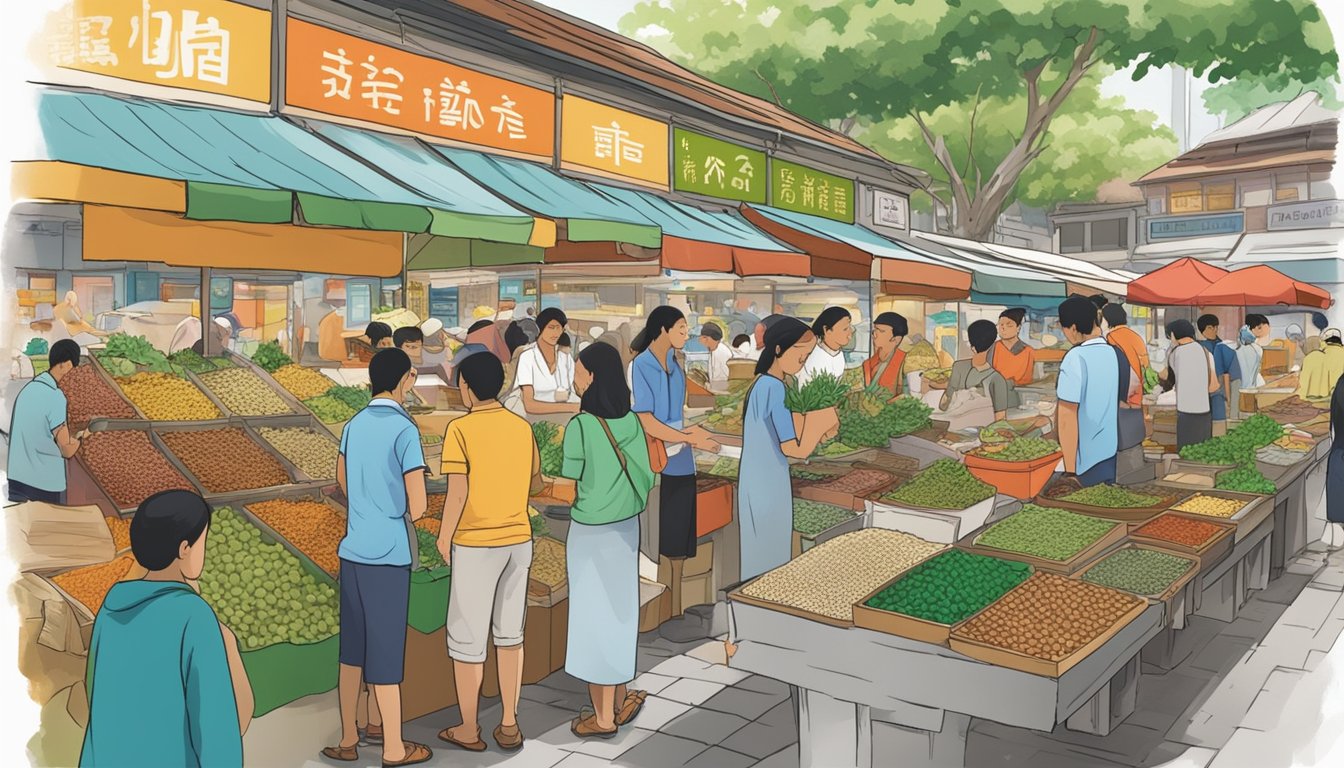 A bustling marketplace in Singapore, with colorful stalls selling various herbs and spices. A sign prominently displays "Fenugreek" with eager customers browsing