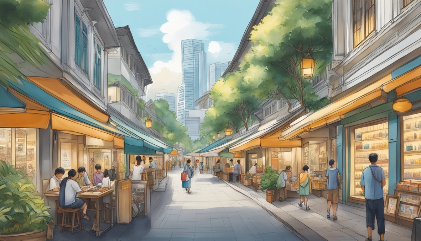 A bustling street in Singapore, lined with elegant shops showcasing an array of exquisite fountain pens. Brightly lit storefronts beckon passersby to explore the world of fine writing instruments