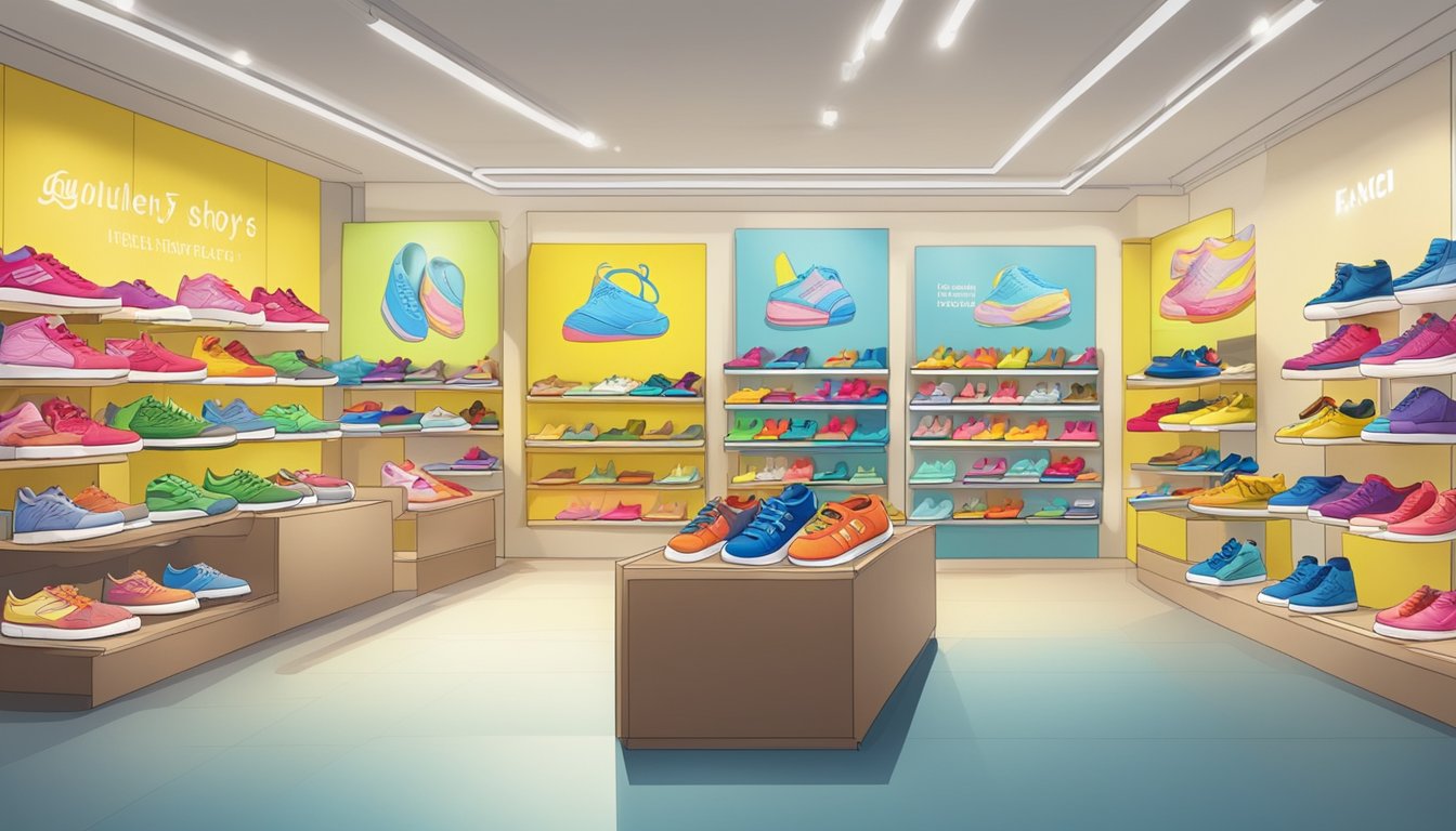 A colorful display of children's shoes in a well-lit store in Singapore, with a sign reading "Frequently Asked Questions" above the selection