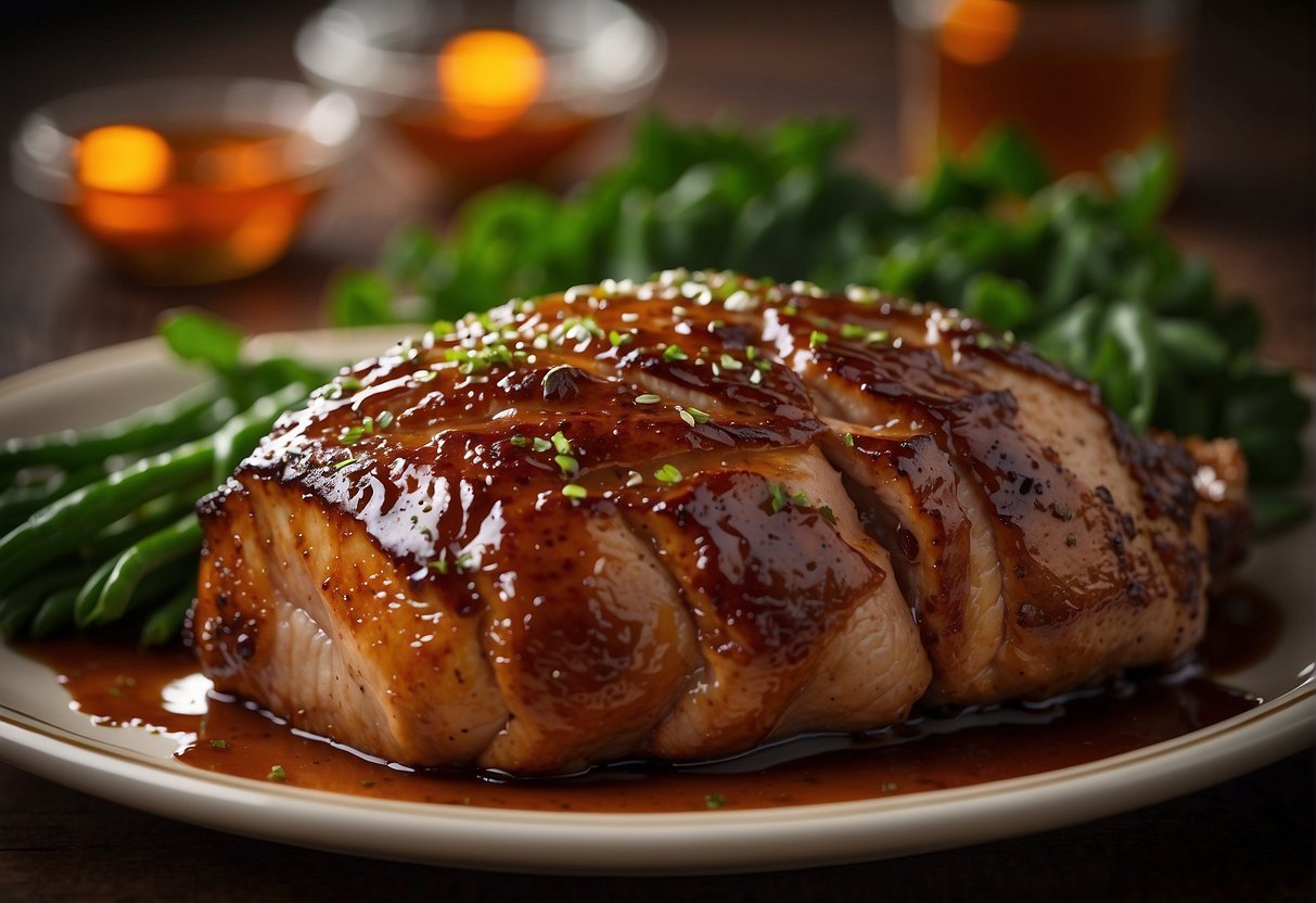 A whole pork roast sizzling in the oven, glazed with a sticky, sweet and savory Chinese marinade, with a hint of caramelization on the edges