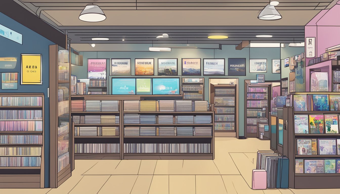 A display of Korean CDs in a Singaporean music store, with a sign reading "Frequently Asked Questions: Where to buy Korean CDs in Singapore."