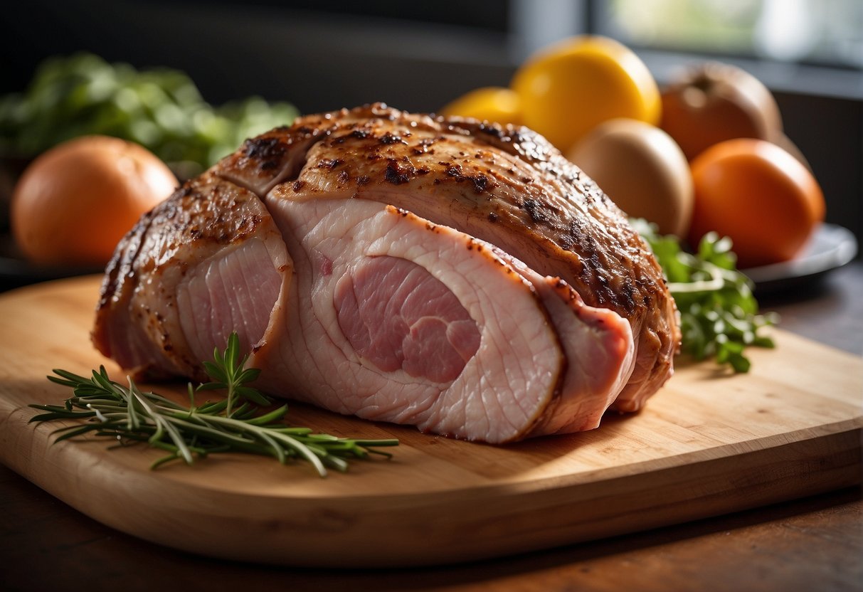 A whole pork shoulder sits on a clean cutting board, ready to be seasoned and prepared for roasting in the oven