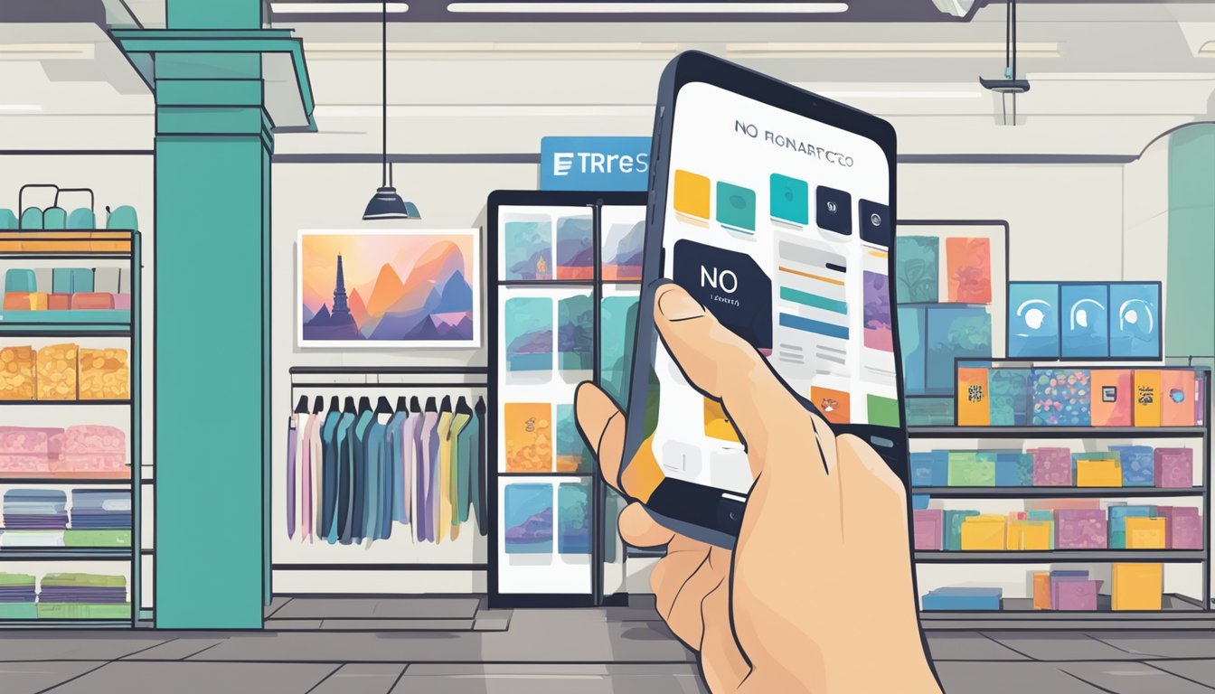 A hand reaching for an iPhone in a Singapore store, with a sign reading "no contract" in the background