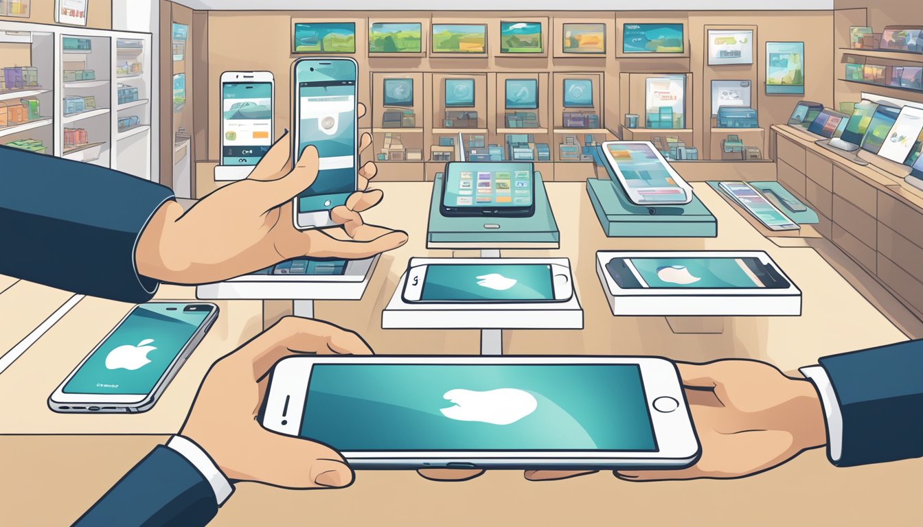 A hand reaches out to a display of various iPhone models in a Singapore store, with a sign indicating "buy iPhone Singapore no contract."