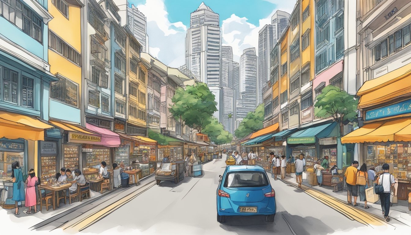 A bustling street in Singapore, lined with specialty shops and vibrant signage, where fountain pen enthusiasts gather and browse for their next prized writing instrument