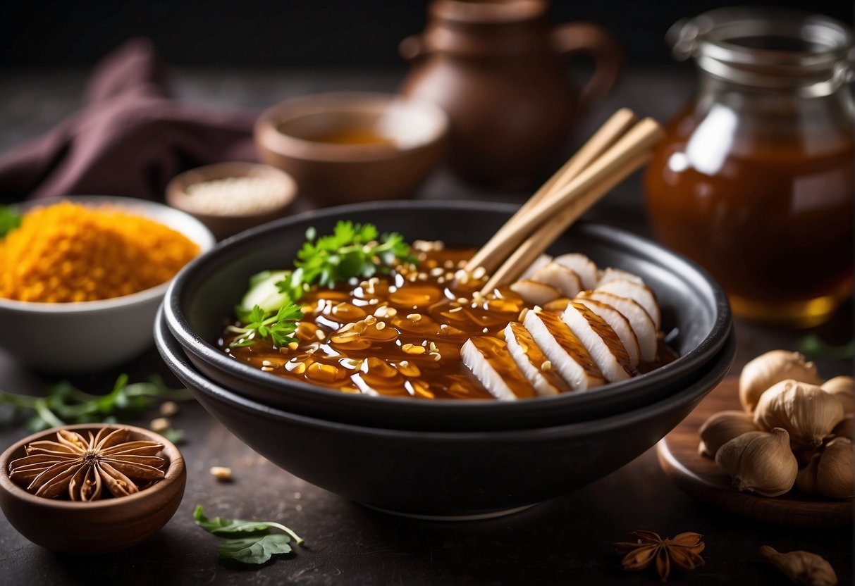 A bowl of soy sauce, honey, garlic, ginger, and spices being mixed together to create the perfect marinade for a Chinese pork roast recipe