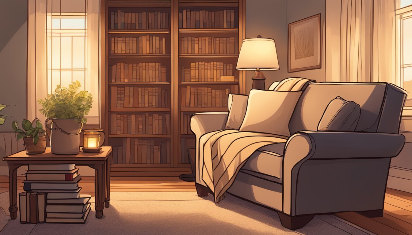 A cozy living room with a comfy chair, a warm blanket, and a side table stacked with Christian books. A soft glow from a nearby lamp creates a peaceful atmosphere