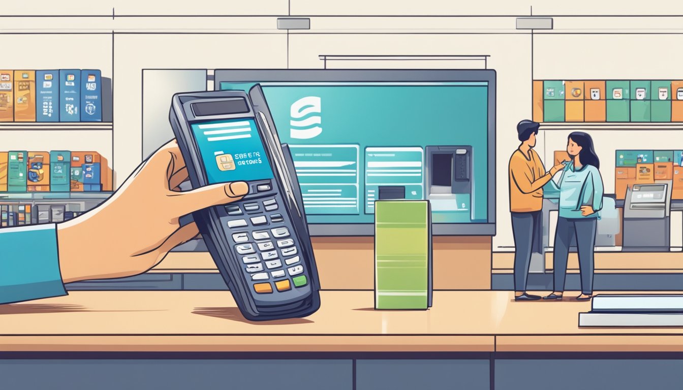 A customer swipes a credit card at an electronics store counter, while an employee hands over a brand new iPhone in Singapore