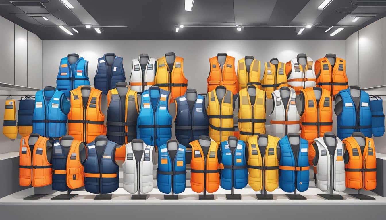 A store display of colorful life jackets in a busy Singapore marina