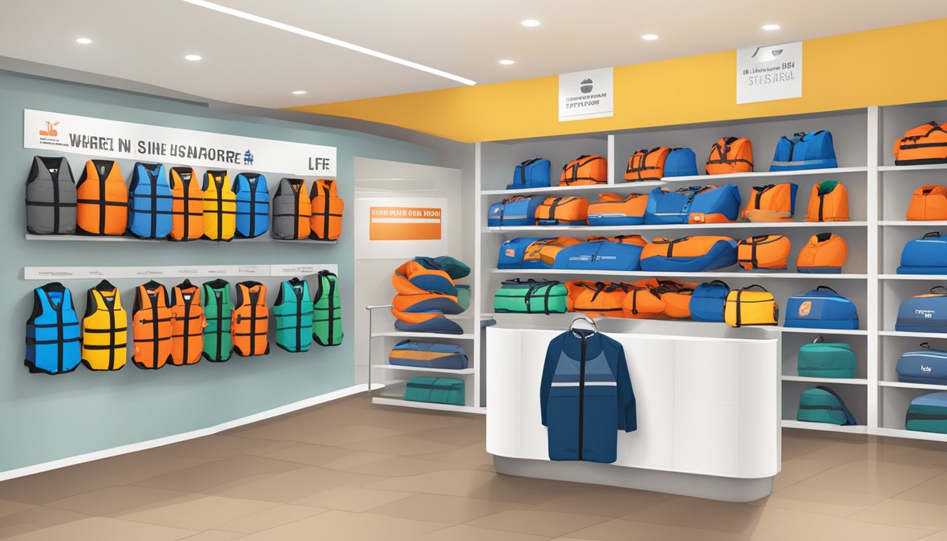 A store display of life jackets in various sizes and colors, with a sign indicating "Where to Purchase Life Jackets in Singapore."