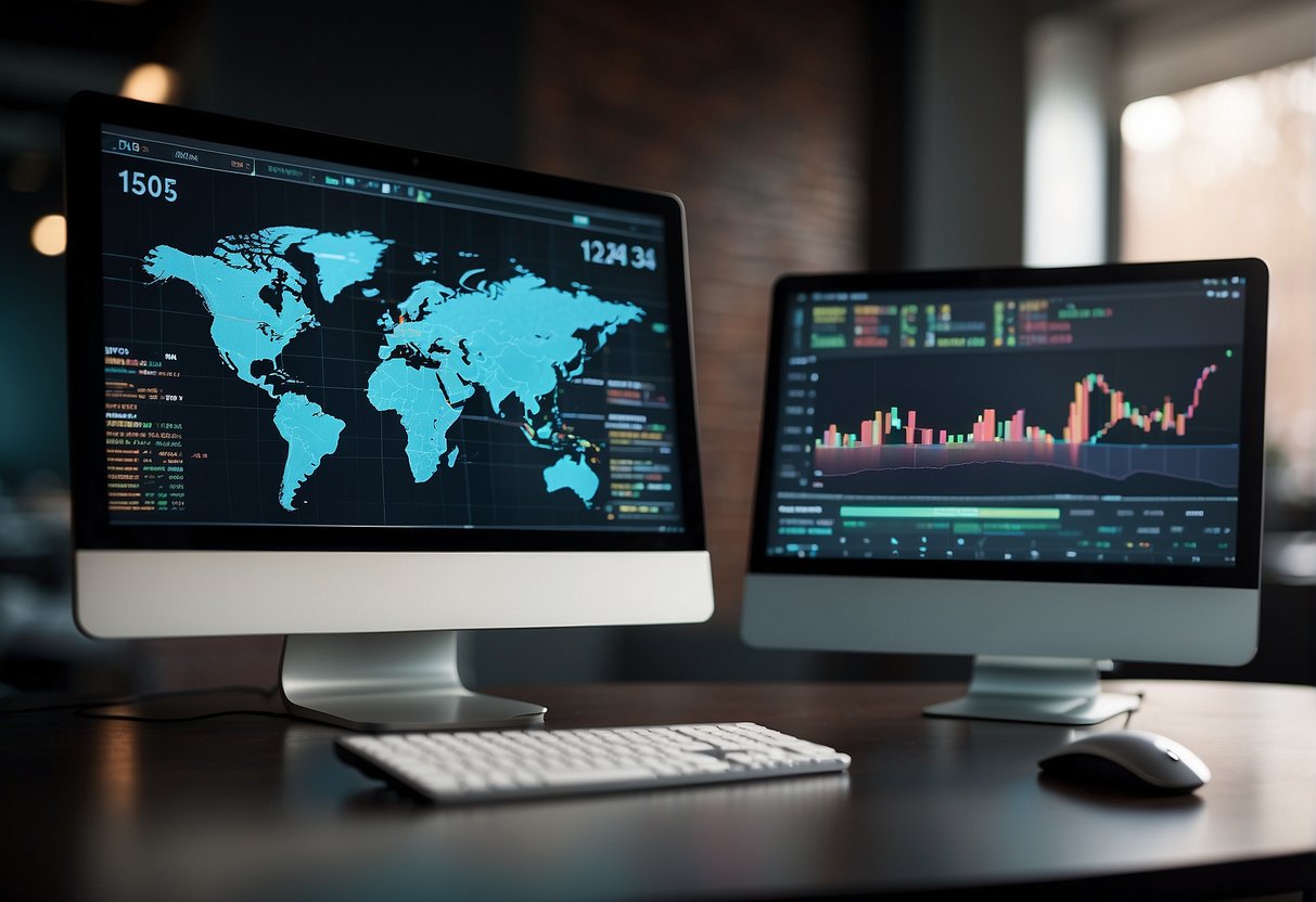 Bir bilgisayar ekranı, klavye ve fare içeren bir masanın üzerinde bir ticaret botu arayüzünü görüntüler. Piyasa verilerini gösteren çizelgeler ve grafikler arka planda görülebilir
