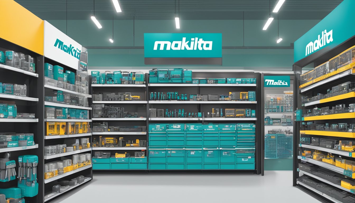 A hardware store in Singapore displays a variety of Makita tools on shelves and racks, with signage indicating their availability for purchase