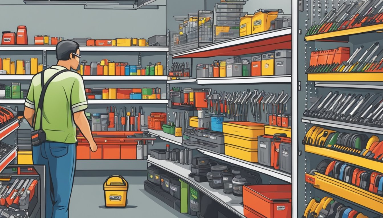A brightly lit hardware store in Singapore displays a range of Snap-on tools on neatly organized shelves, with a friendly salesperson assisting a customer