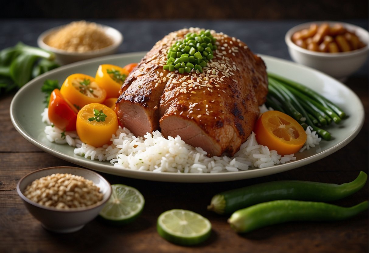 A golden brown pork roast sits on a platter, garnished with green onions and sesame seeds. Steam rises from the succulent meat, surrounded by colorful stir-fried vegetables and fluffy white rice