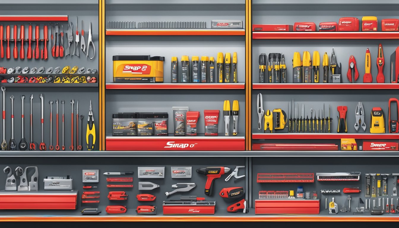 A brightly lit store display showcases a variety of Snap-On tools in Singapore. Shelves are neatly organized with products, and a sign prominently displays the brand name