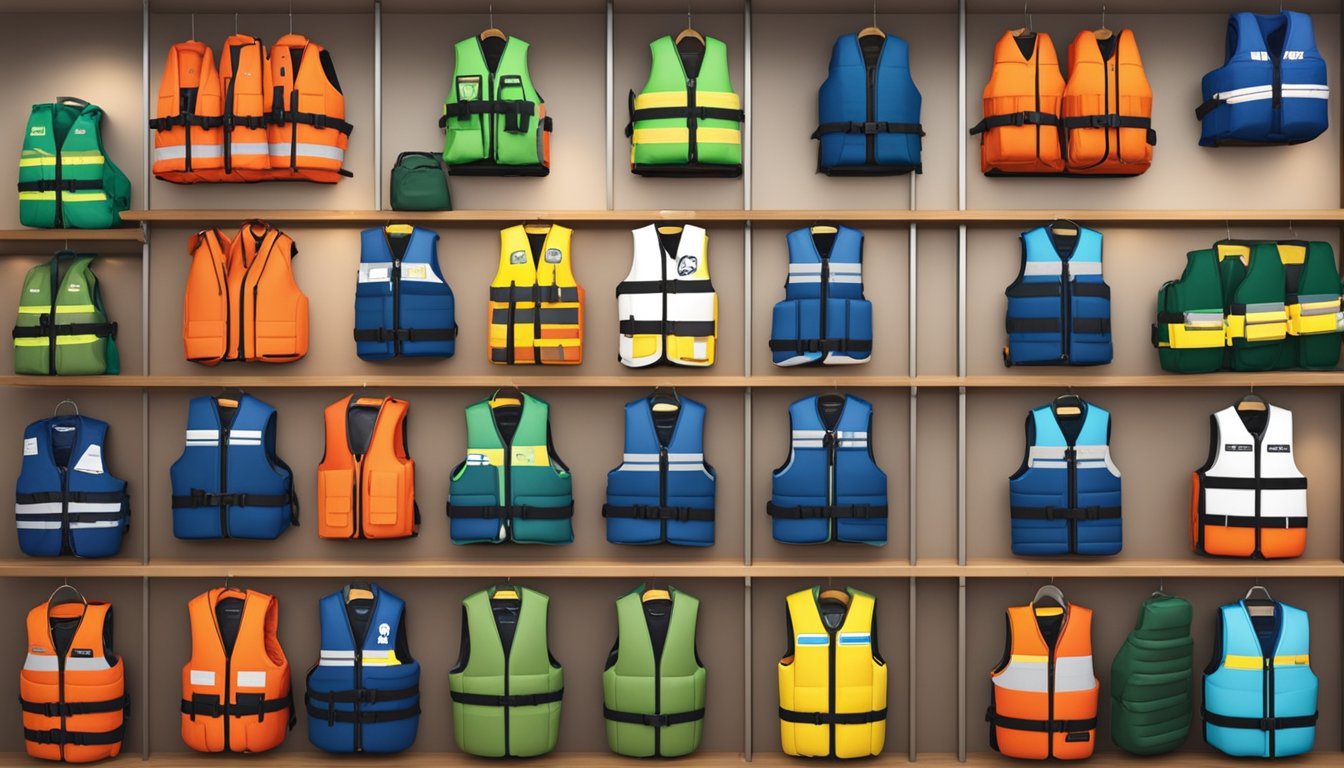 A store display of various life jackets with a prominent sign reading "Frequently Asked Questions: Where to buy life jackets in Singapore."