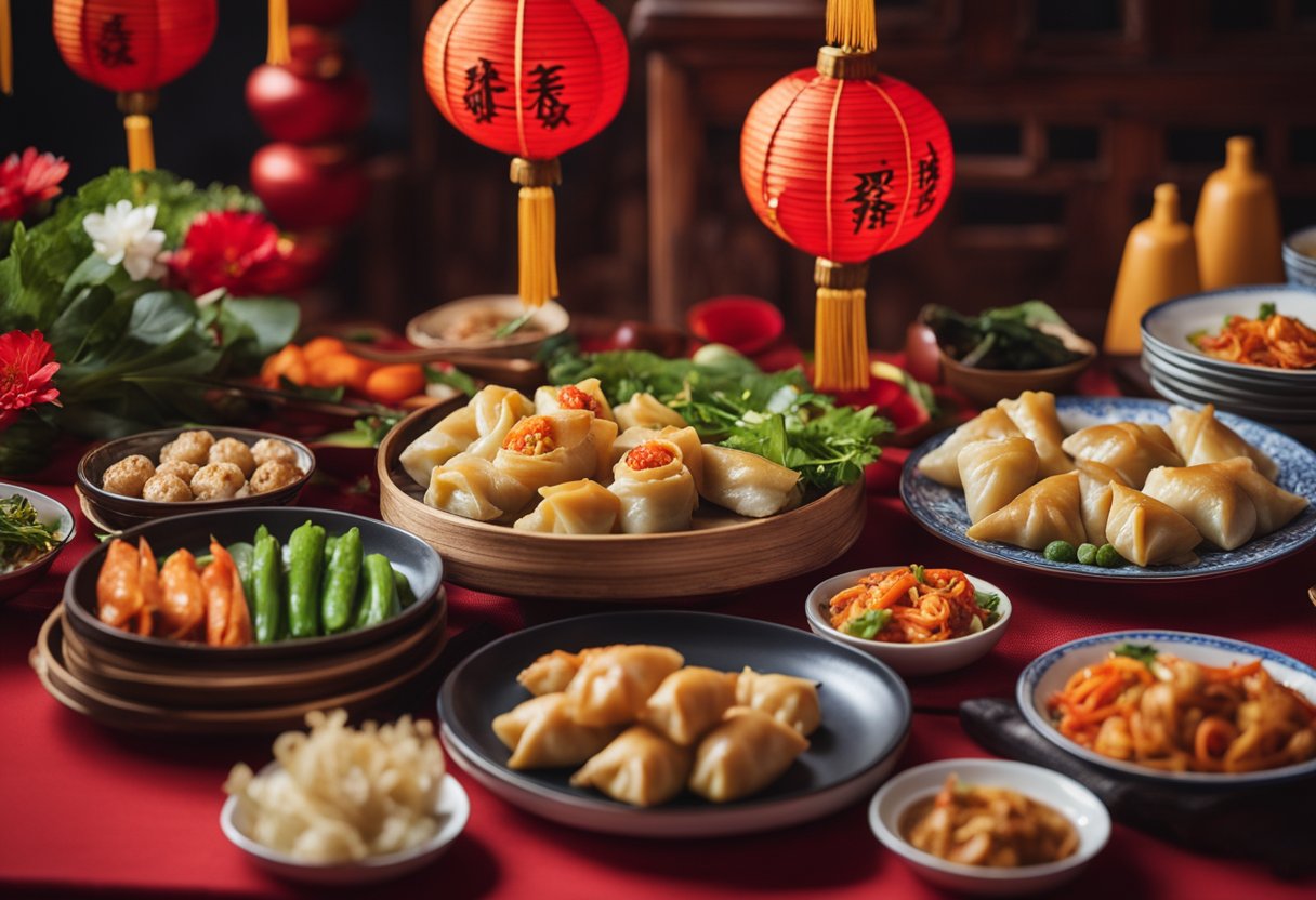 A colorful table spread with vegan Chinese New Year dishes, including dumplings, spring rolls, and stir-fried vegetables, surrounded by traditional decorations and red lanterns