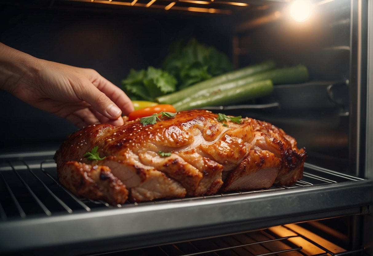 A container of Chinese pork roast sits in the fridge. A hand reaches for it, reheating in the oven