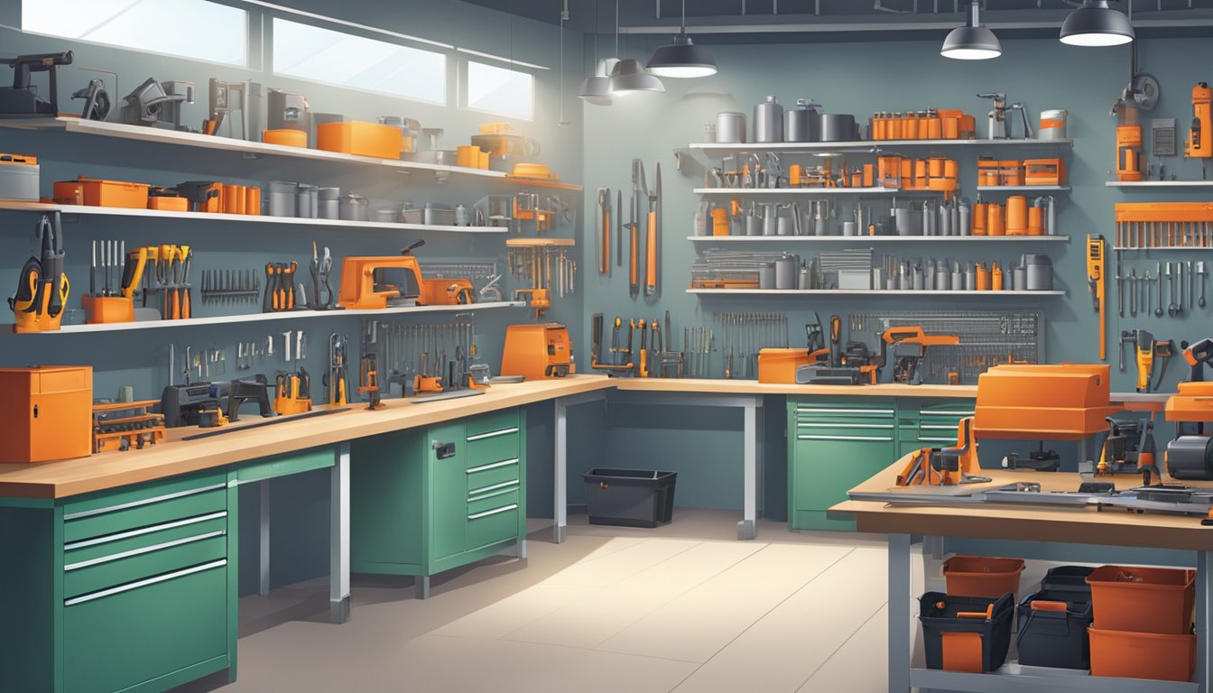 A well-organized workshop with a variety of high-quality Snap-On tools displayed on shelves and workbenches. Bright lighting and clean surroundings