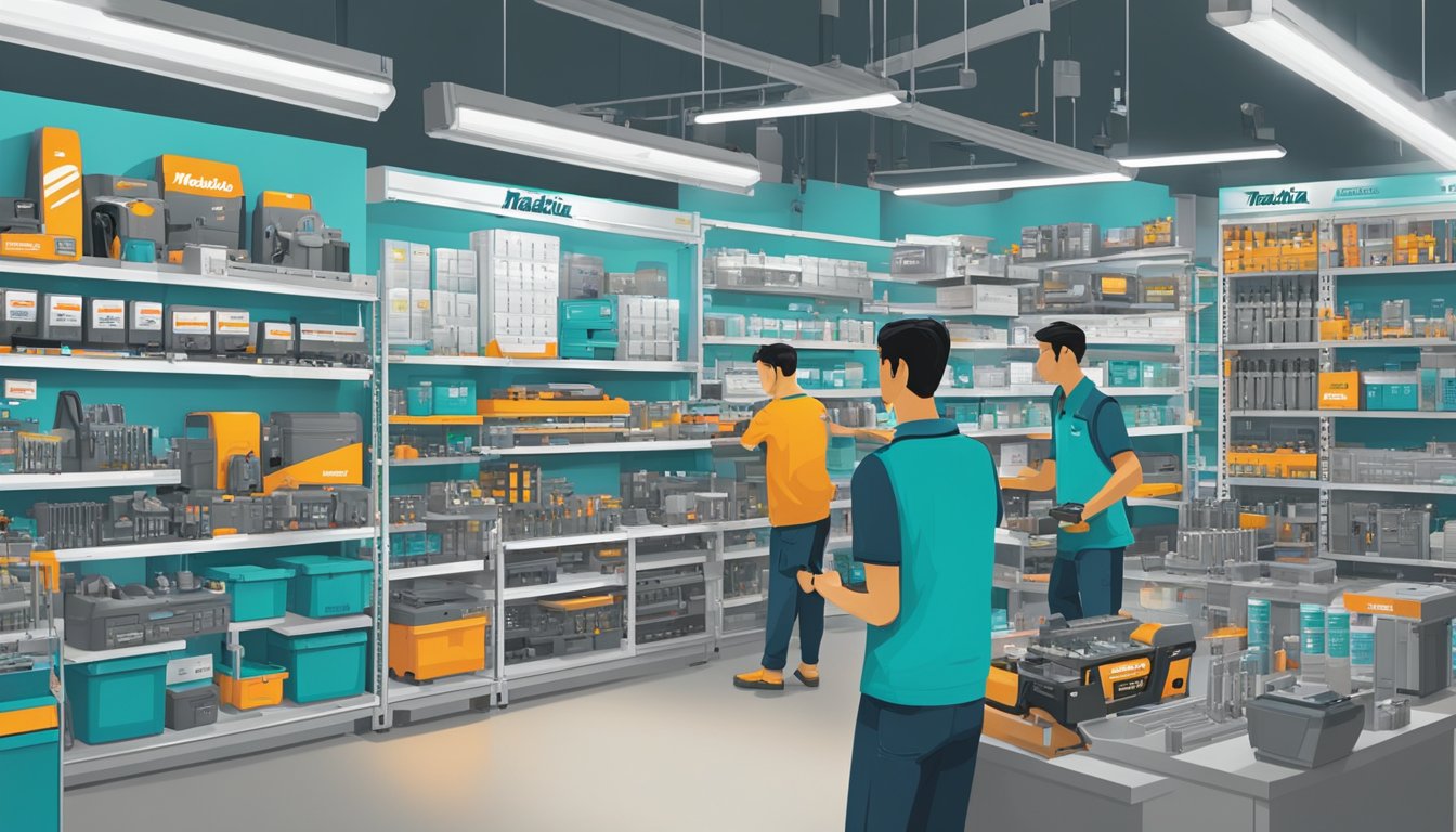 A busy hardware store in Singapore showcases a variety of Makita tools on neatly organized shelves, with customers browsing and staff assisting
