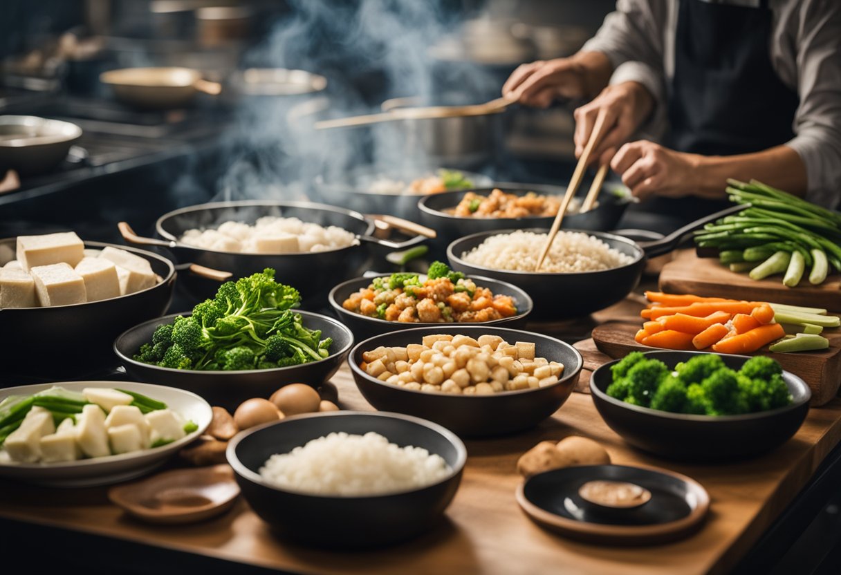 A table filled with fresh vegetables, tofu, soy sauce, ginger, and garlic. Steaming pots and sizzling pans, with chopsticks and a wok