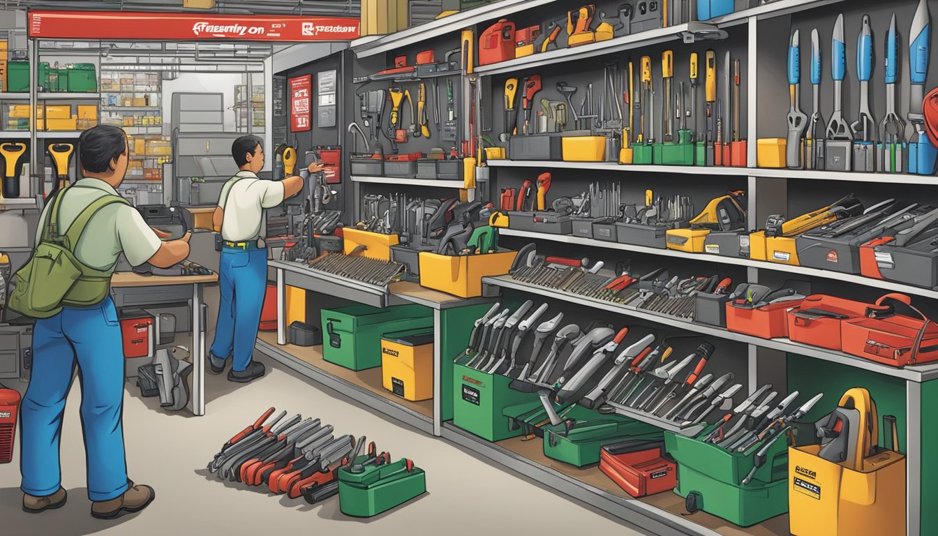 A bustling hardware store in Singapore displays a variety of Snap-on tools with a prominent "Frequently Asked Questions" sign