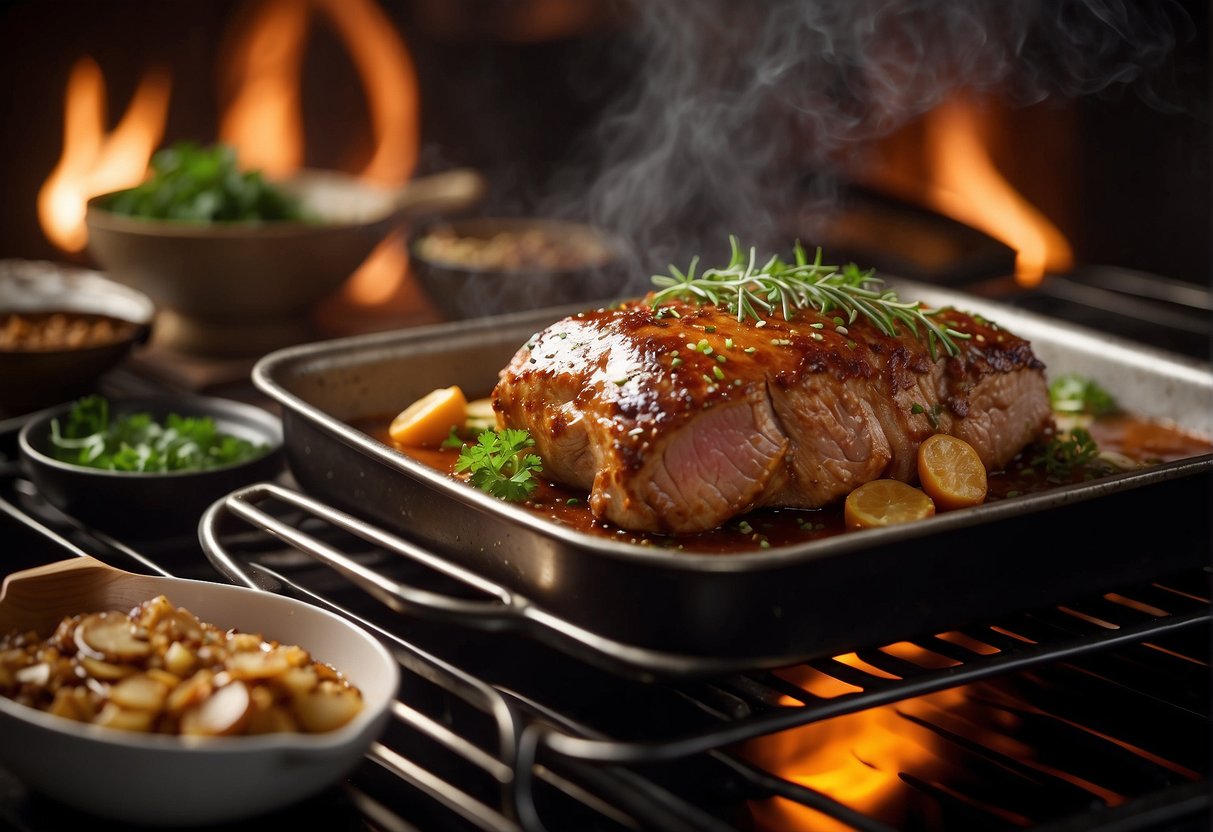 A Chinese pork roast sizzling in the oven, surrounded by aromatic herbs and spices, with a golden brown glaze forming on the surface