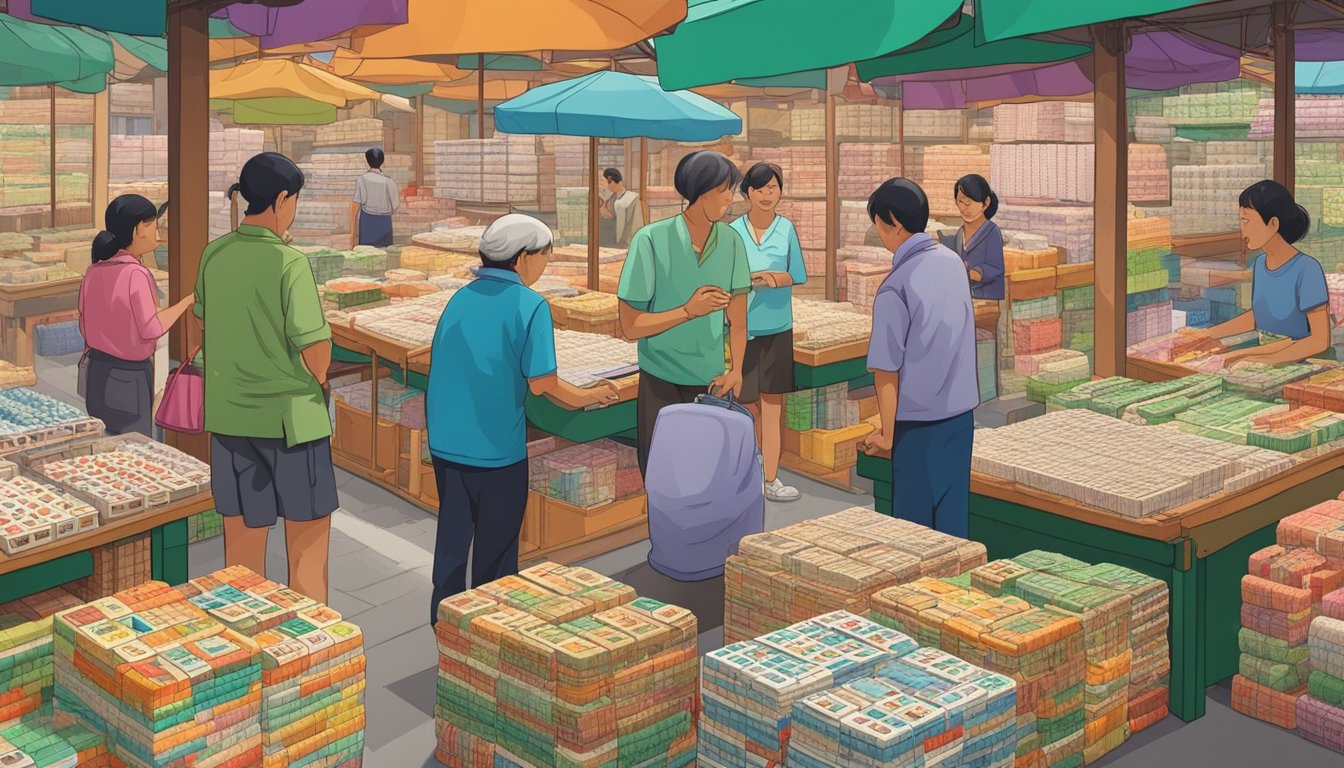 A bustling market stall displays colorful rolls of mahjong paper in Singapore. Customers browse and chat with the vendor, surrounded by stacks of the traditional game material