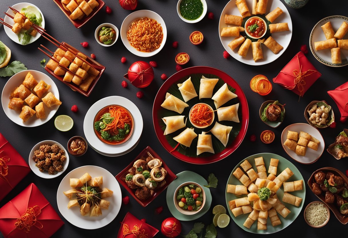 A table adorned with an array of vibrant vegan Chinese New Year starters and appetizers, including dumplings, spring rolls, and crispy tofu skewers, surrounded by festive decorations and red lanterns