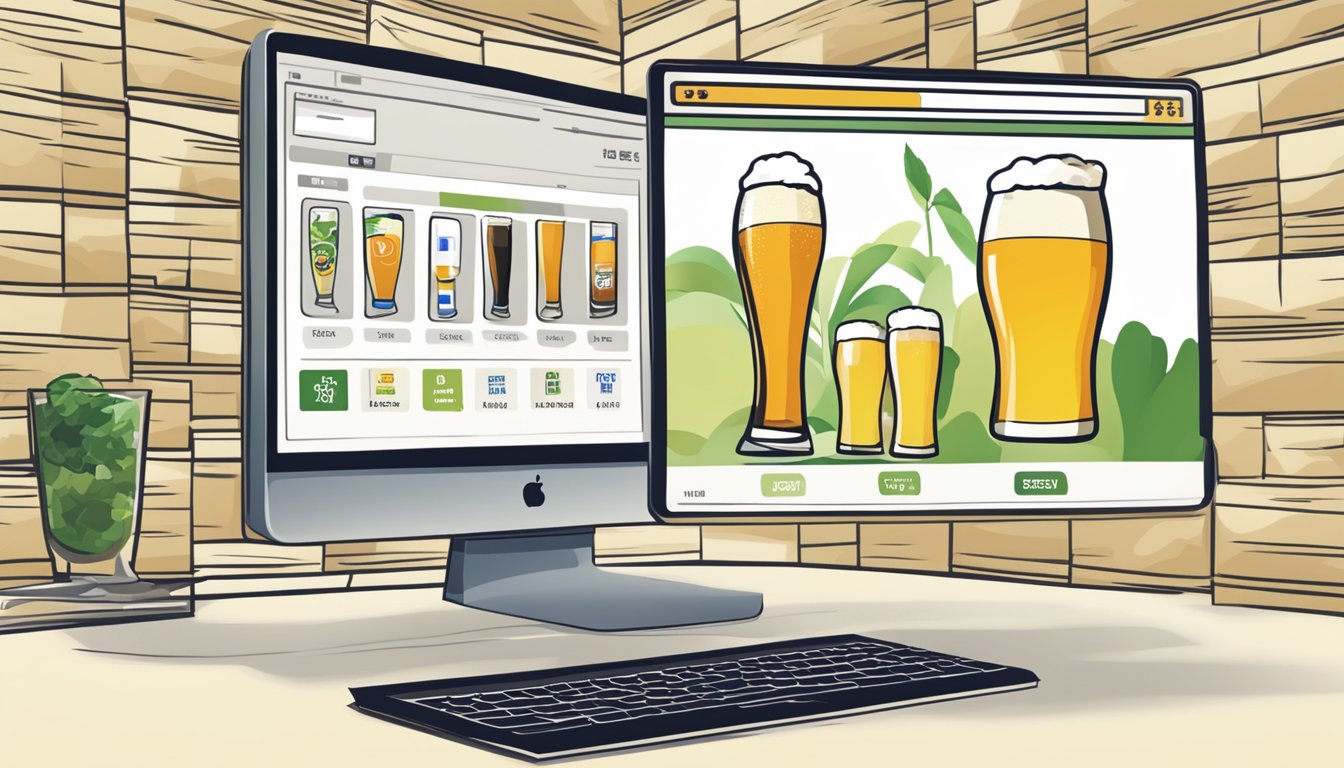 A computer screen displaying a website with Japanese beer options. A cursor hovers over the "buy" button