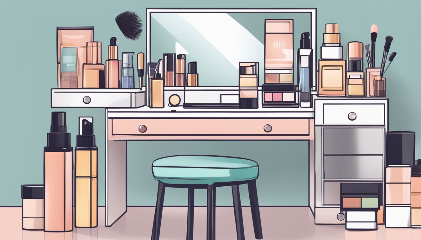 A woman's vanity table with a variety of skincare and makeup products neatly arranged, a mirror reflecting the products, and a laptop open to an online cosmetics store