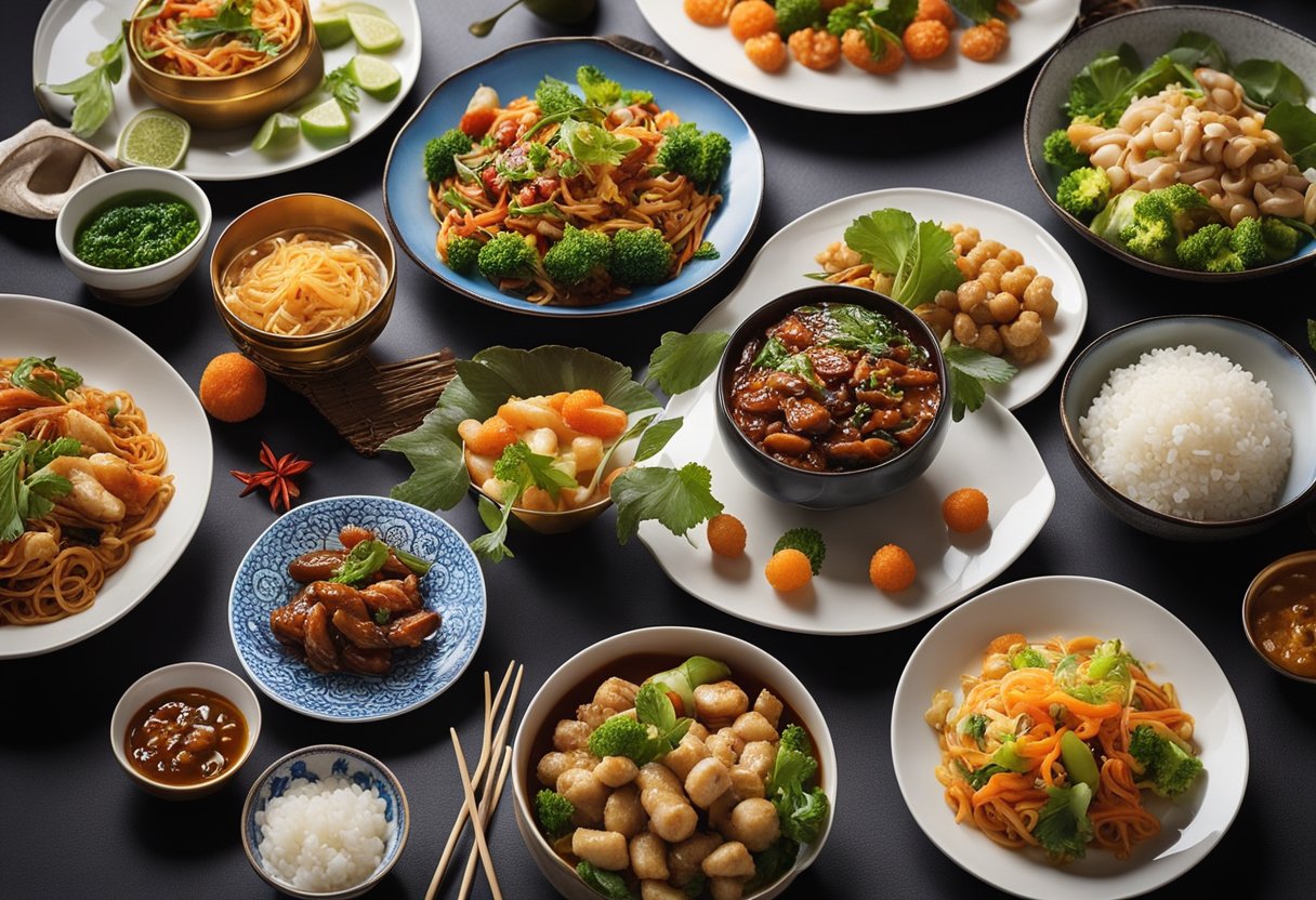 A table set with a variety of colorful and vibrant vegan Chinese dishes, arranged for sharing during a festive Chinese New Year celebration