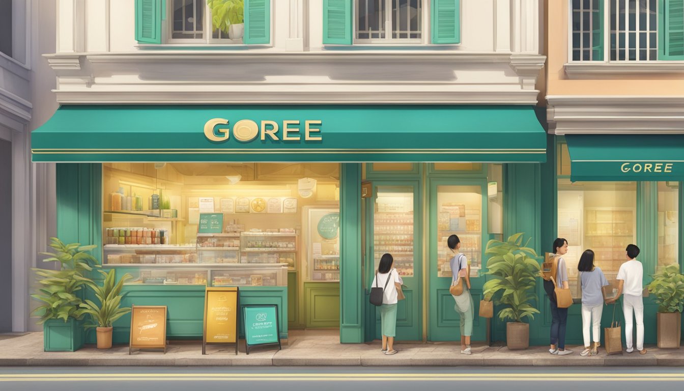 A storefront with "Goree Cream" signage in Singapore. Customers checking authenticity and support details