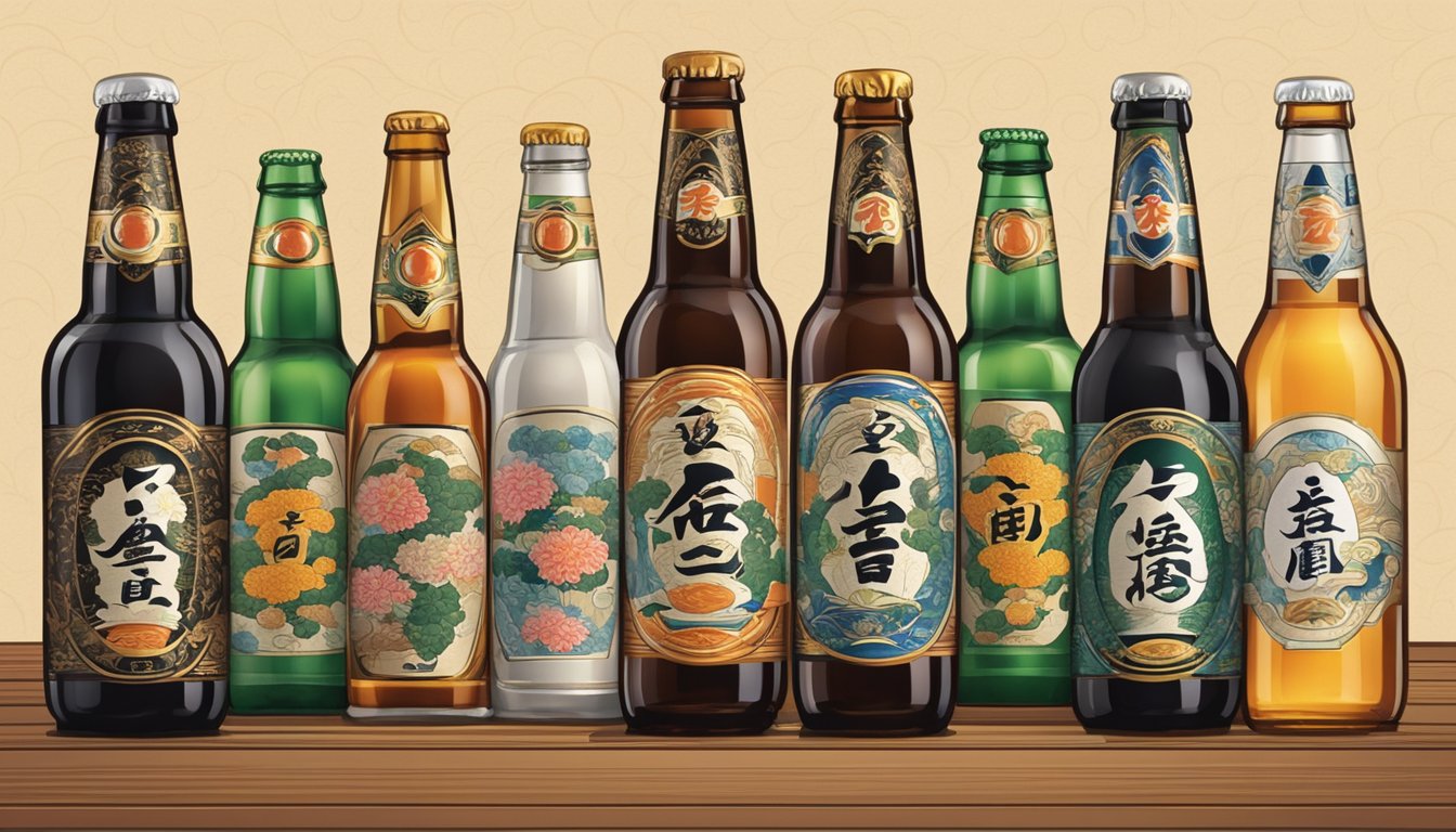 A variety of Japanese beer bottles displayed on a wooden table with traditional Japanese artwork in the background
