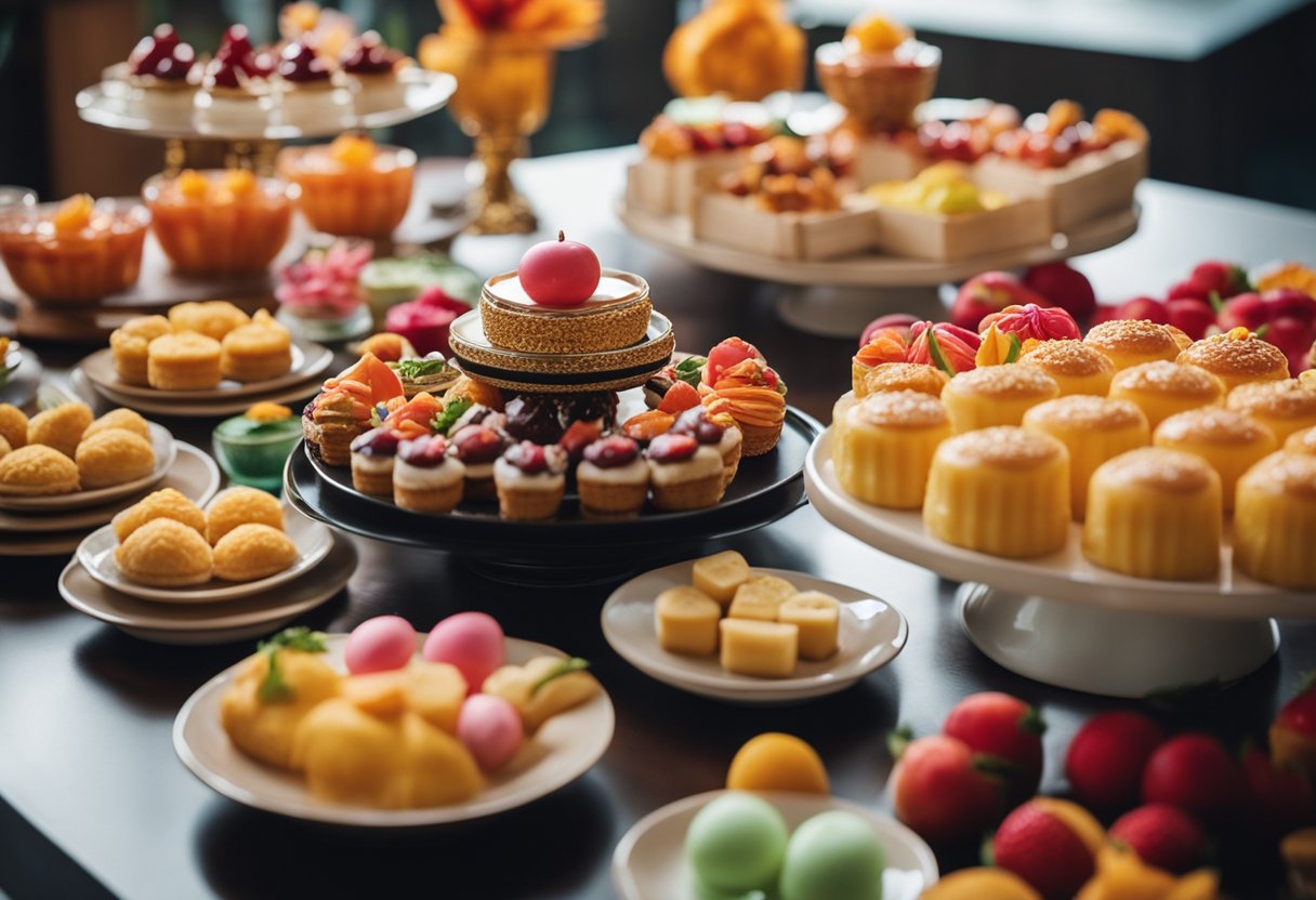 A table adorned with colorful vegan desserts and sweet treats, inspired by Chinese New Year traditions, creating a festive and inviting atmosphere