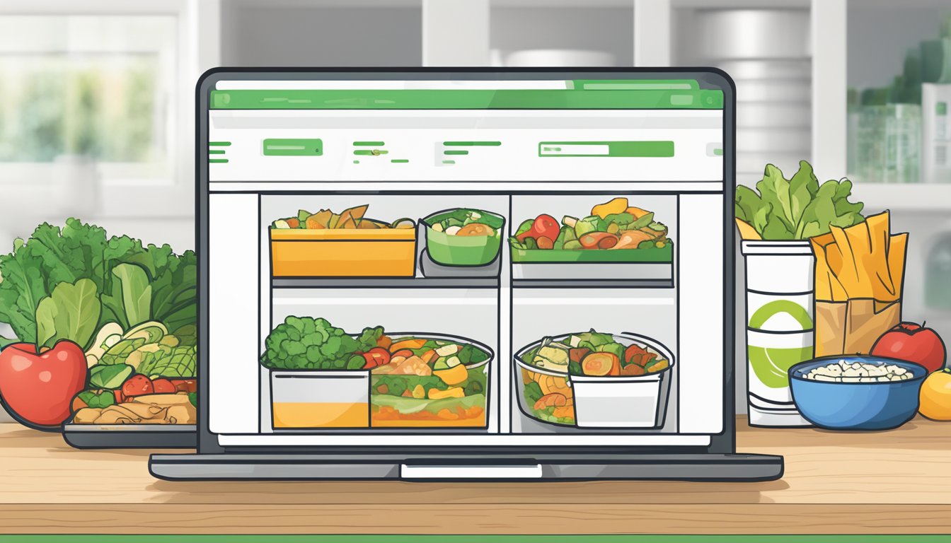 A laptop with a variety of healthy pre-packaged meals displayed on a website, a "buy now" button highlighted
