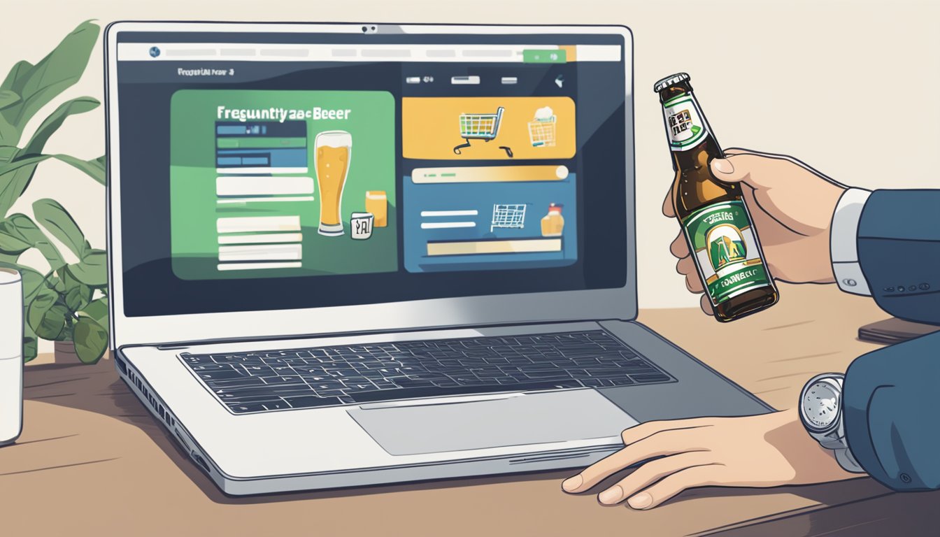 A laptop open on a desk, showing a website with the title "Frequently Asked Questions buy japanese beer online." A hand reaching for a bottle of Japanese beer in the background