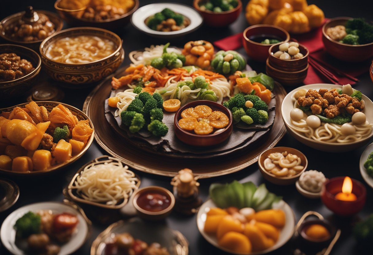 Vibrant vegan Chinese New Year dishes displayed with traditional decorations and symbols, showcasing cultural significance and traditions